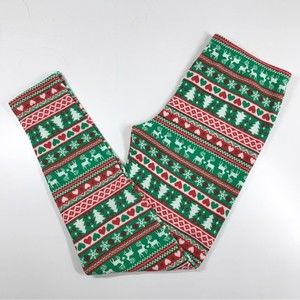 Ugly Christmas Sweater Fleece Lined Leggings Trees Hearts Reindeer Red Green
